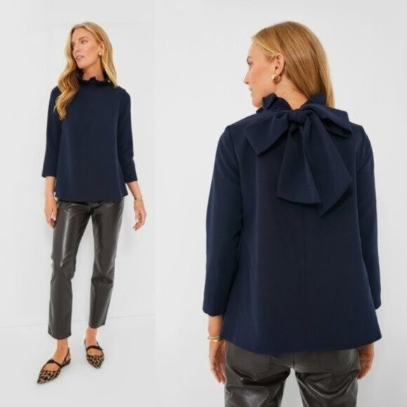 Tuckernuck NEW Navy Faye Preppy Bow Ruffle Collar 3/4 Sleeve Blouse Size XXL - Picture 3 of 10